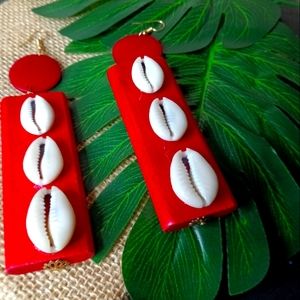 Ruby Red Wood Cowrie Dangle Earrings